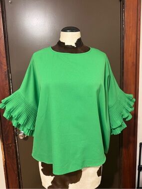 Bright Green Pleated Ruffle Sleeve Blouse